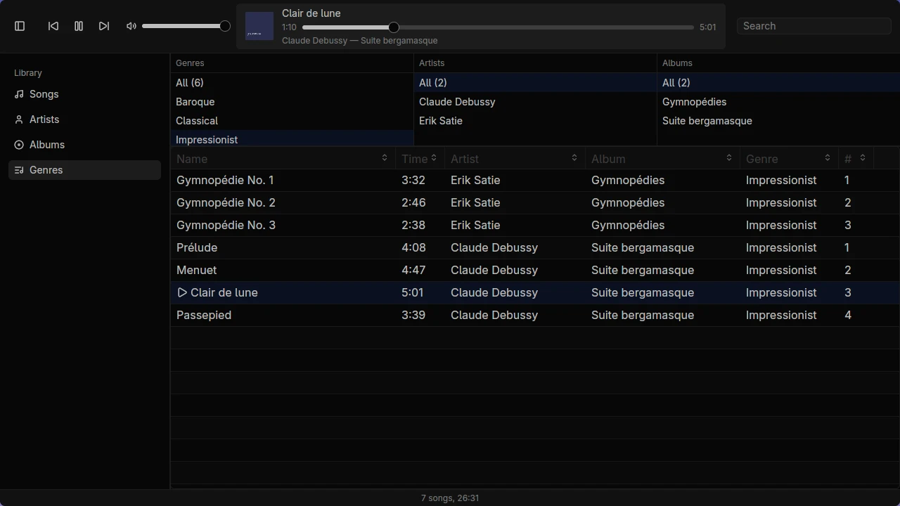 gpui-tunes playing Clair de lune: the now-playing bar with cover art and progress, the genre, artist and album browser filtered to Impressionist, and the song table below. The library is a demo of public-domain works.