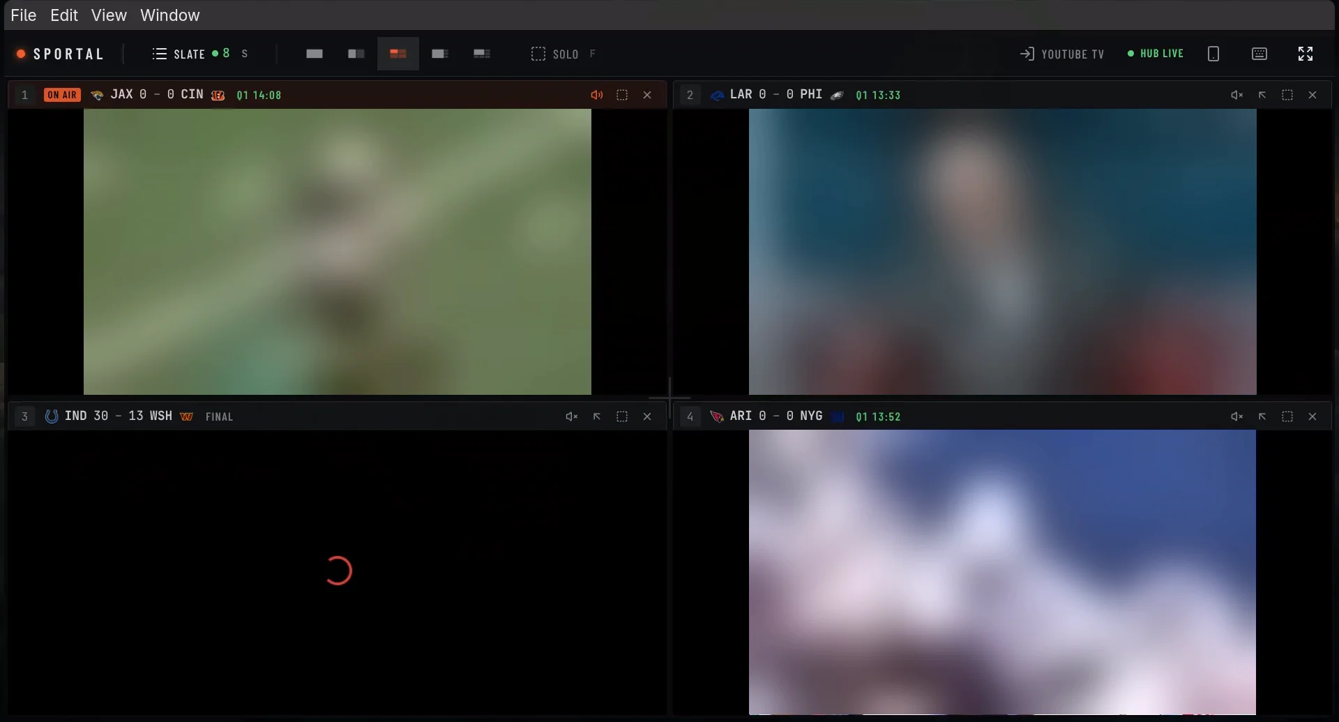 sportal’s desktop shell in a 2×2 layout: each tile has its game’s score and clock, one is on air with sound, one game is final. The broadcasts in the tiles are blurred.